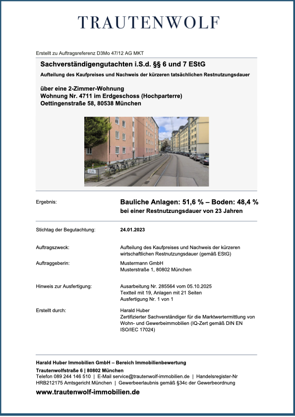 Deckblatt eines Beispielgutachtens zur Kaufpreisaufteilung